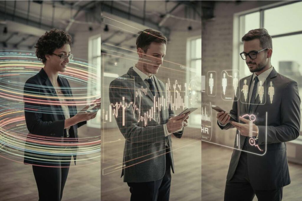 composite editorial photo: diverse professionals leveraging tailored AI