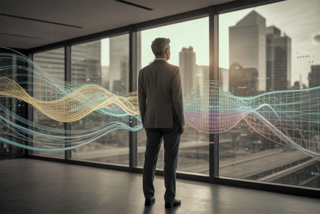 Aspirational, dynamic editorial photo: professional embracing AI's future.